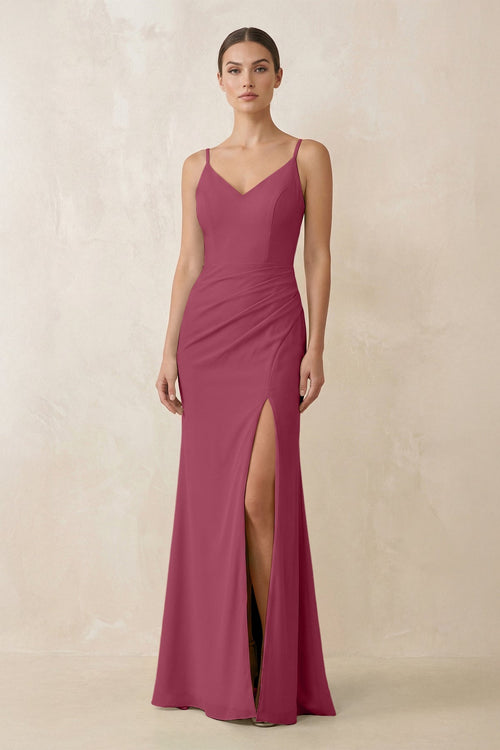 Cami Strap Chiffon Sheath Bridesmaid Gown in Desert Rose - SHE IS ME Bridesmaid Dresses