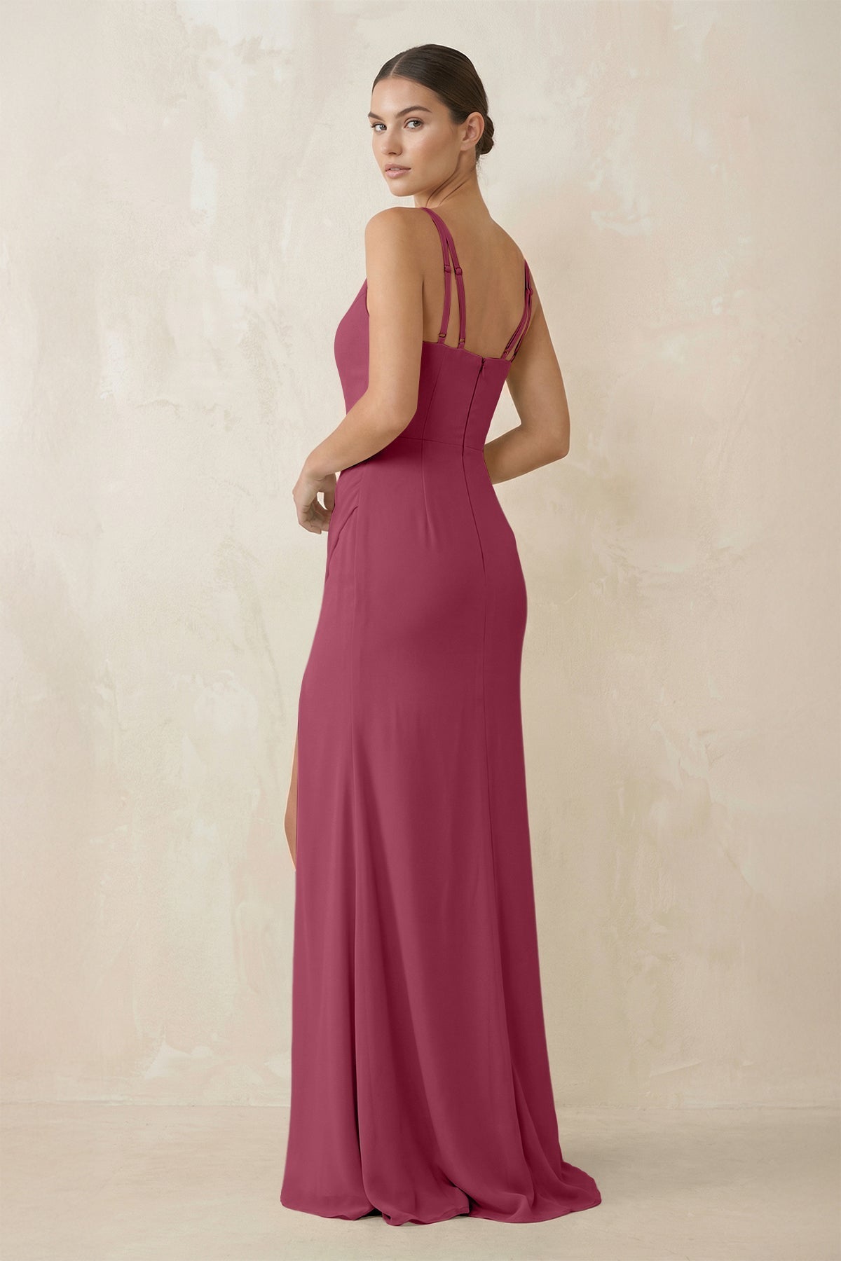 Cami Strap Chiffon Sheath Bridesmaid Gown in Desert Rose - SHE IS ME Bridesmaid Dresses