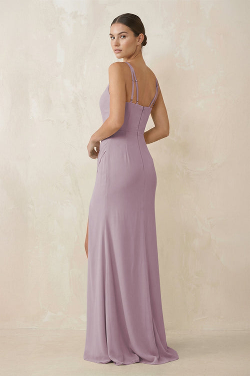 Cami Strap Chiffon Sheath Bridesmaid Gown in Dusk - SHE IS ME Bridesmaid Dresses