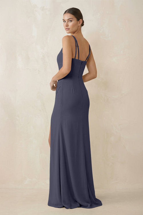 Cami Strap Chiffon Sheath Bridesmaid Gown in Dusk Blue - SHE IS ME Bridesmaid Dresses