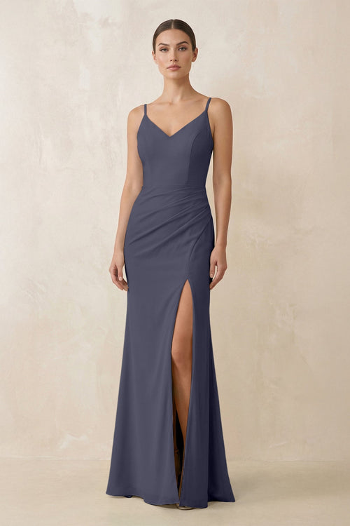 Cami Strap Chiffon Sheath Bridesmaid Gown in Dusk Blue - SHE IS ME Bridesmaid Dresses