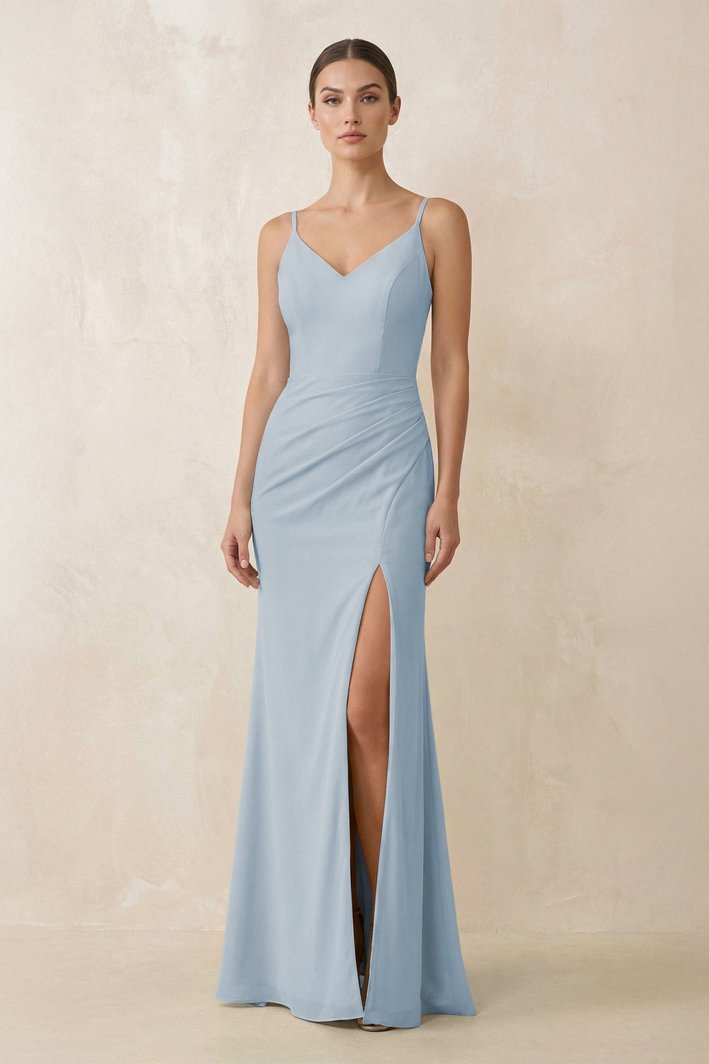 Cami Strap Chiffon Sheath Bridesmaid Gown in Dusty Blue - SHE IS ME Bridesmaid Dresses