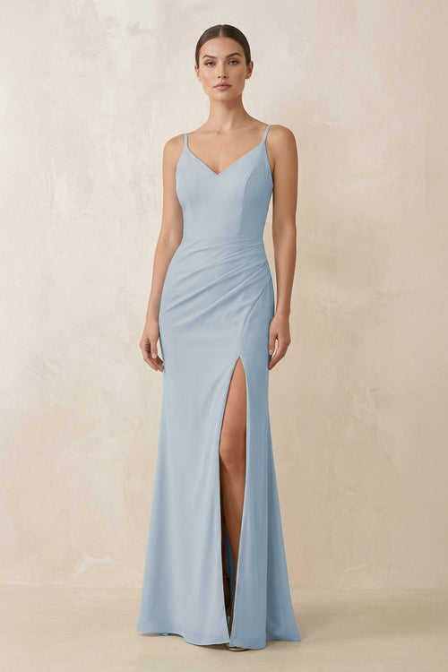 Cami Strap Chiffon Sheath Bridesmaid Gown in Dusty Blue - SHE IS ME Bridesmaid Dresses