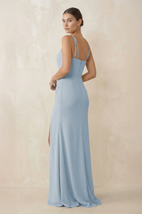 Cami Strap Chiffon Sheath Bridesmaid Gown in Dusty Blue - SHE IS ME Bridesmaid Dresses