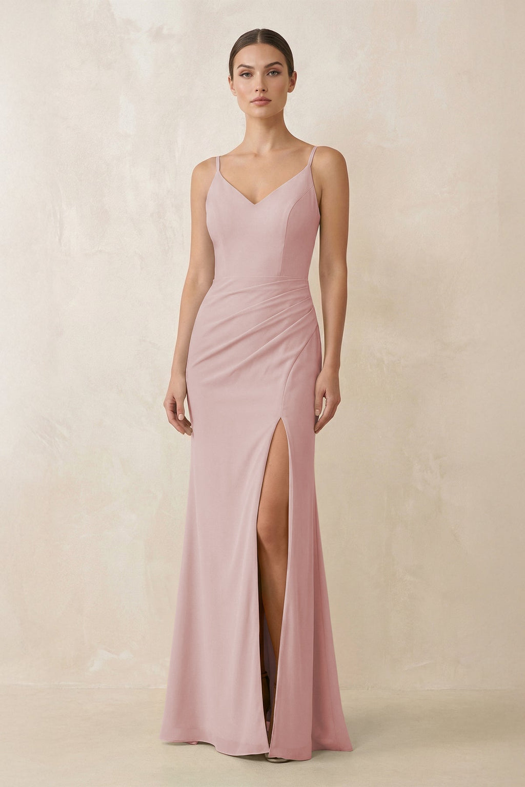 Cami Strap Chiffon Sheath Bridesmaid Gown in Dusty Rose - SHE IS ME Bridesmaid Dresses
