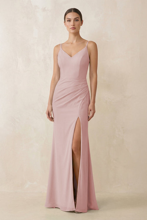 Cami Strap Chiffon Sheath Bridesmaid Gown in Dusty Rose - SHE IS ME Bridesmaid Dresses