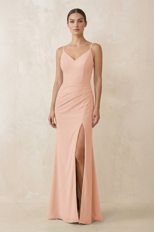 Cami Strap Chiffon Sheath Bridesmaid Gown in English Rose - SHE IS ME Bridesmaid Dresses