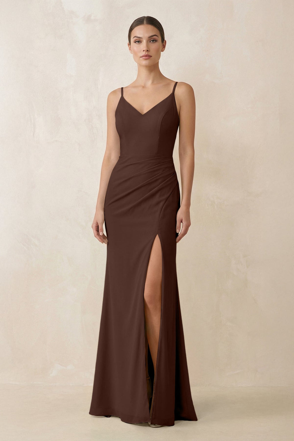 Cami Strap Chiffon Sheath Bridesmaid Gown in Espresso - SHE IS ME Bridesmaid Dresses