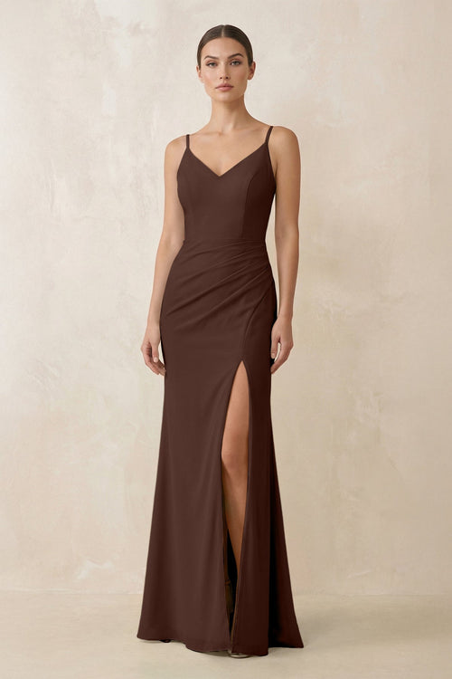 Cami Strap Chiffon Sheath Bridesmaid Gown in Espresso - SHE IS ME Bridesmaid Dresses
