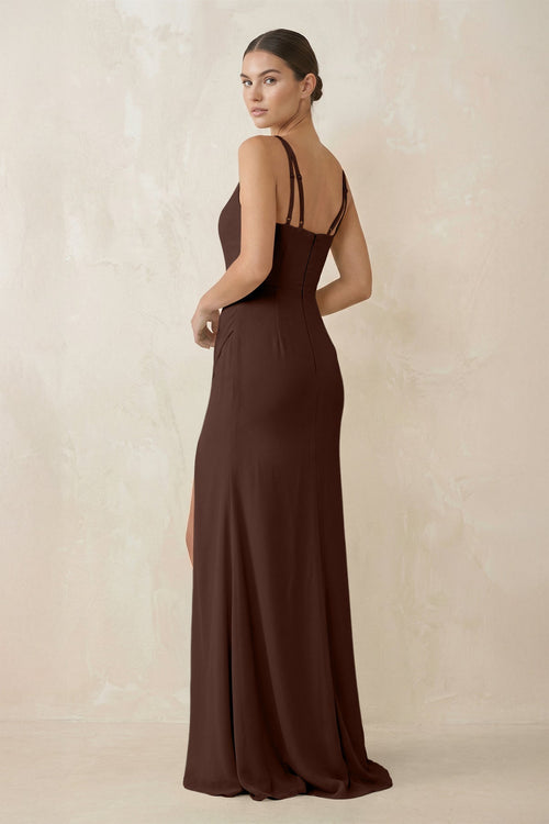 Cami Strap Chiffon Sheath Bridesmaid Gown in Espresso - SHE IS ME Bridesmaid Dresses
