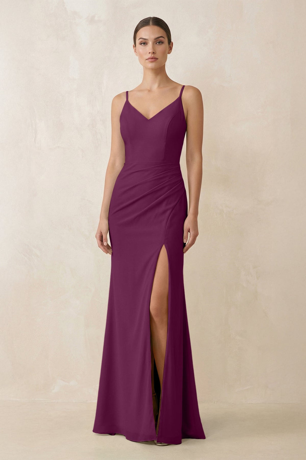 Cami Strap Chiffon Sheath Bridesmaid Gown in Fig - SHE IS ME Bridesmaid Dresses