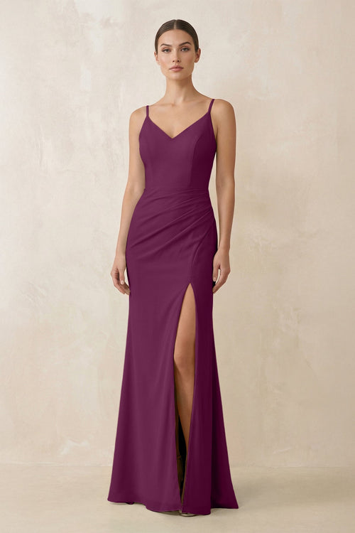 Cami Strap Chiffon Sheath Bridesmaid Gown in Fig - SHE IS ME Bridesmaid Dresses
