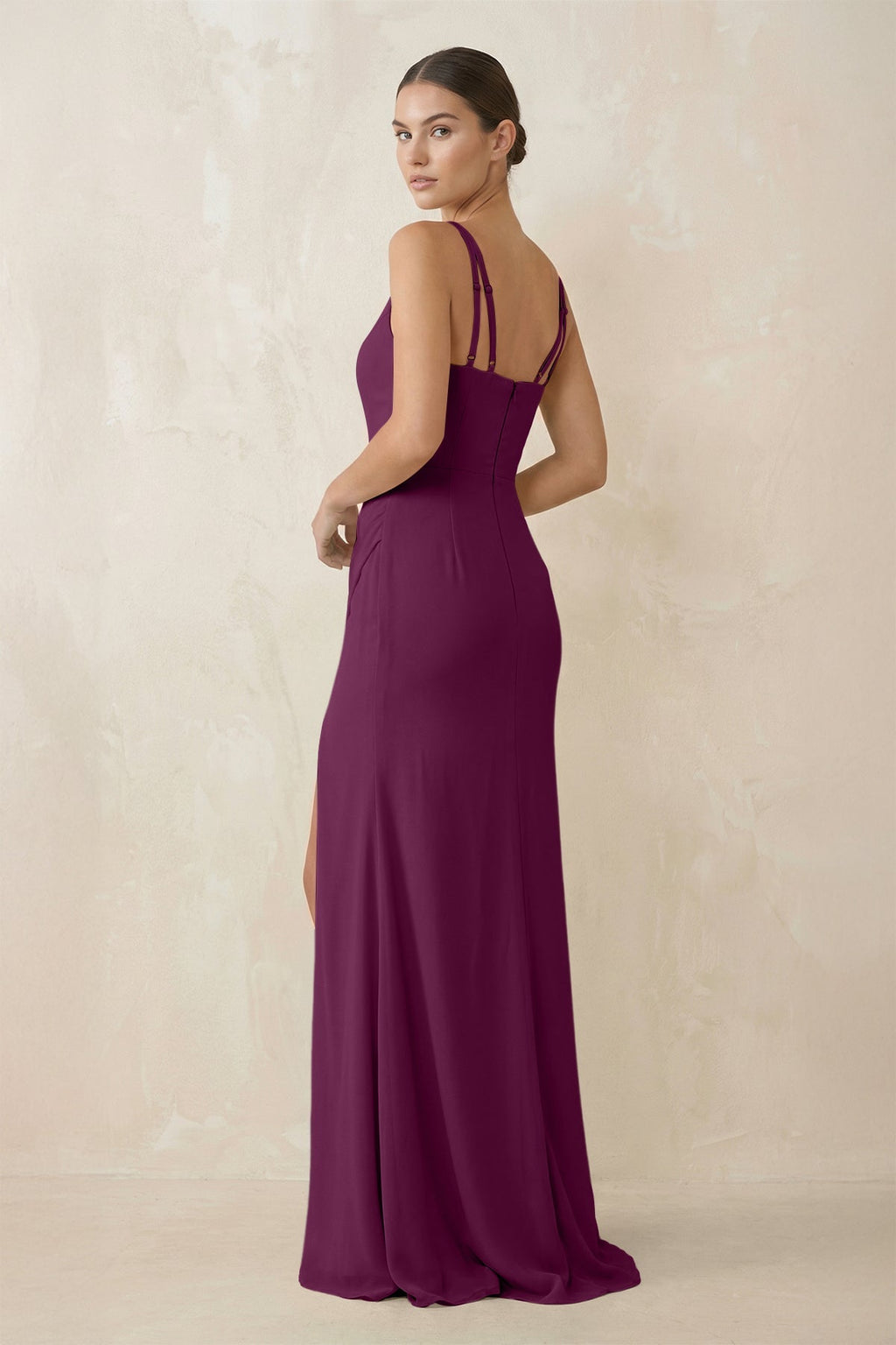 Cami Strap Chiffon Sheath Bridesmaid Gown in Fig - SHE IS ME Bridesmaid Dresses