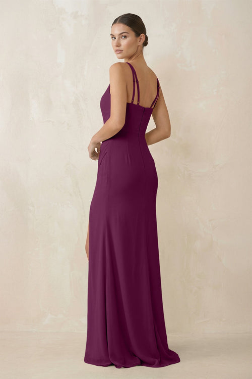 Cami Strap Chiffon Sheath Bridesmaid Gown in Fig - SHE IS ME Bridesmaid Dresses