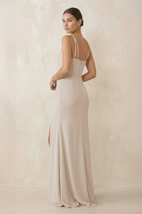 Cami Strap Chiffon Sheath Bridesmaid Gown in Frost - SHE IS ME Bridesmaid Dresses
