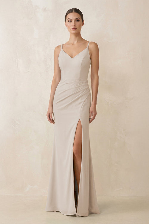 Cami Strap Chiffon Sheath Bridesmaid Gown in Frost - SHE IS ME Bridesmaid Dresses