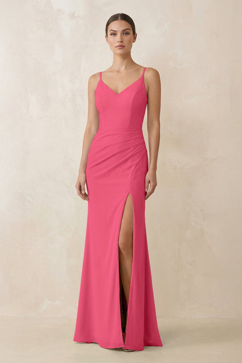 Cami Strap Chiffon Sheath Bridesmaid Gown in Fuchsia - SHE IS ME Bridesmaid Dresses