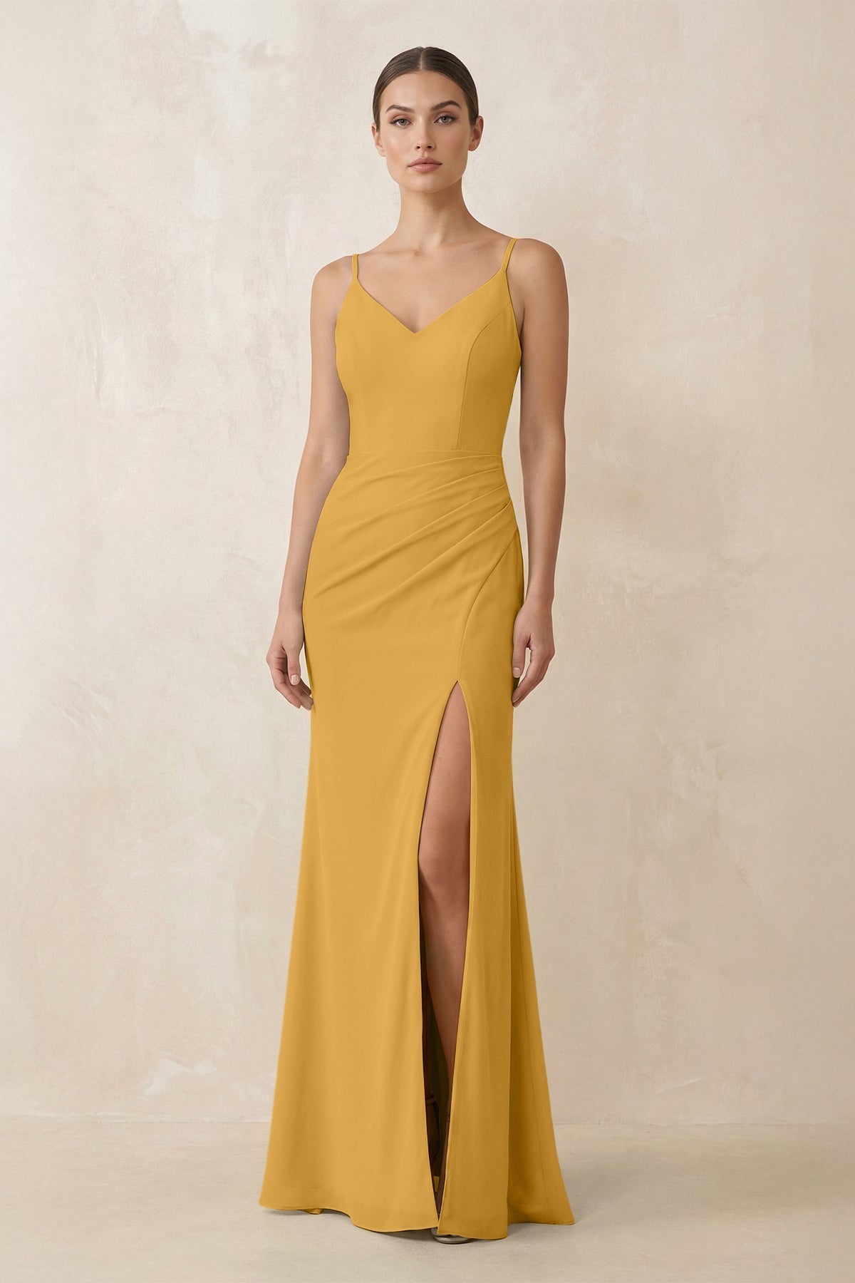 Cami Strap Chiffon Sheath Bridesmaid Gown in Marigold - SHE IS ME Bridesmaid Dresses