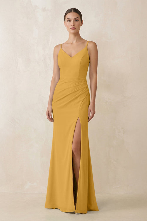 Cami Strap Chiffon Sheath Bridesmaid Gown in Marigold - SHE IS ME Bridesmaid Dresses