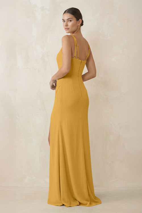 Cami Strap Chiffon Sheath Bridesmaid Gown in Marigold - SHE IS ME Bridesmaid Dresses