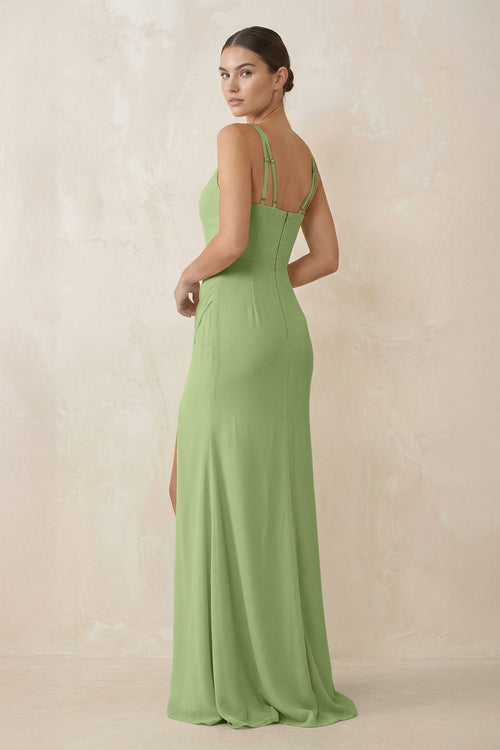 Cami Strap Chiffon Sheath Bridesmaid Gown in Matcha - SHE IS ME Bridesmaid Dresses