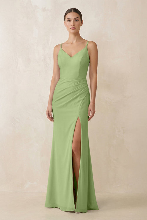 Cami Strap Chiffon Sheath Bridesmaid Gown in Matcha - SHE IS ME Bridesmaid Dresses