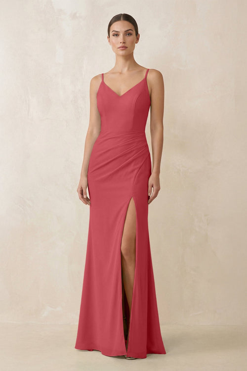 Cami Strap Chiffon Sheath Bridesmaid Gown in Merlot - SHE IS ME Bridesmaid Dresses