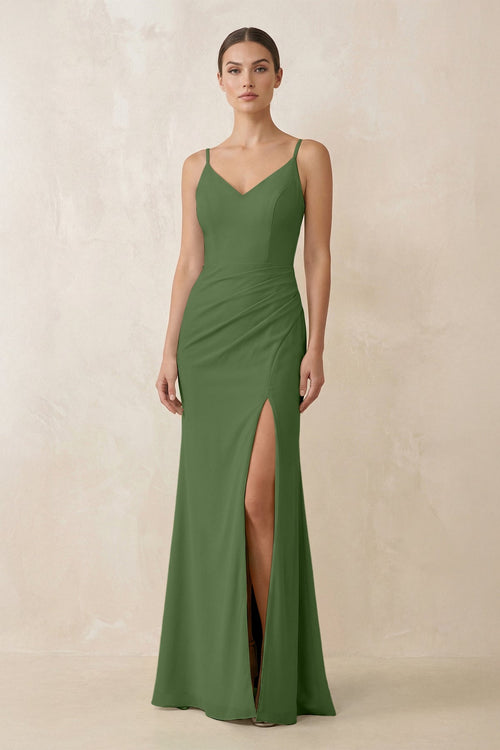 Cami Strap Chiffon Sheath Bridesmaid Gown in Moss - SHE IS ME Bridesmaid Dresses