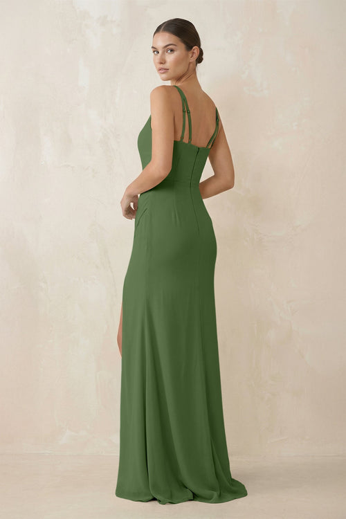 Cami Strap Chiffon Sheath Bridesmaid Gown in Moss - SHE IS ME Bridesmaid Dresses