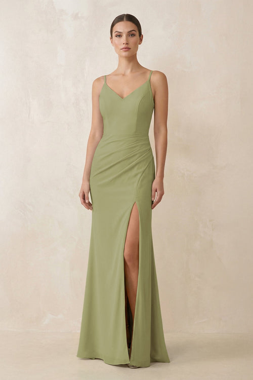Cami Strap Chiffon Sheath Bridesmaid Gown in Moss Green - SHE IS ME Bridesmaid Dresses