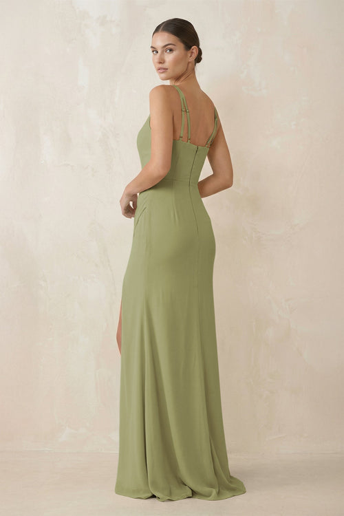 Cami Strap Chiffon Sheath Bridesmaid Gown in Moss Green - SHE IS ME Bridesmaid Dresses