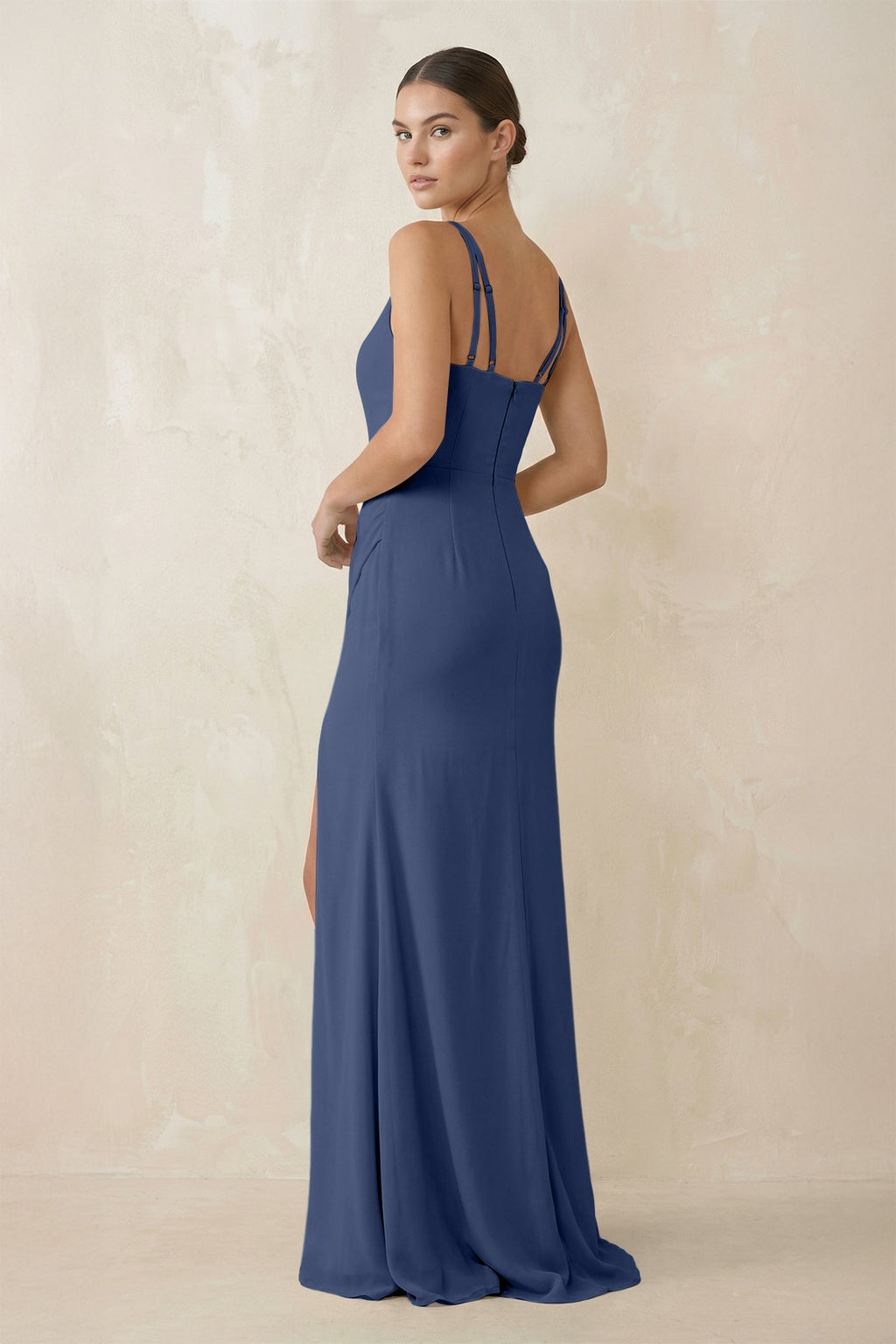 Cami Strap Chiffon Sheath Bridesmaid Gown in Navy - SHE IS ME Bridesmaid Dresses