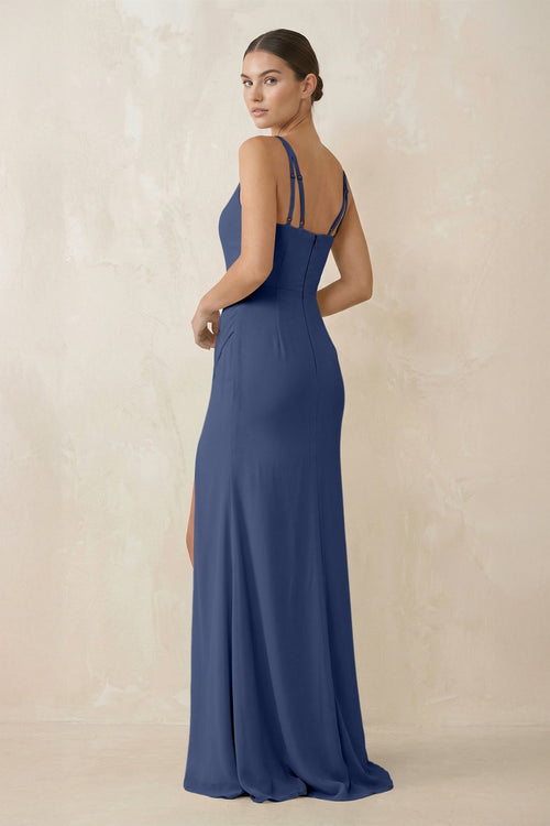 Cami Strap Chiffon Sheath Bridesmaid Gown in Navy - SHE IS ME Bridesmaid Dresses