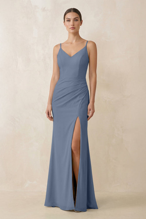Cami Strap Chiffon Sheath Bridesmaid Gown in Neptune - SHE IS ME Bridesmaid Dresses