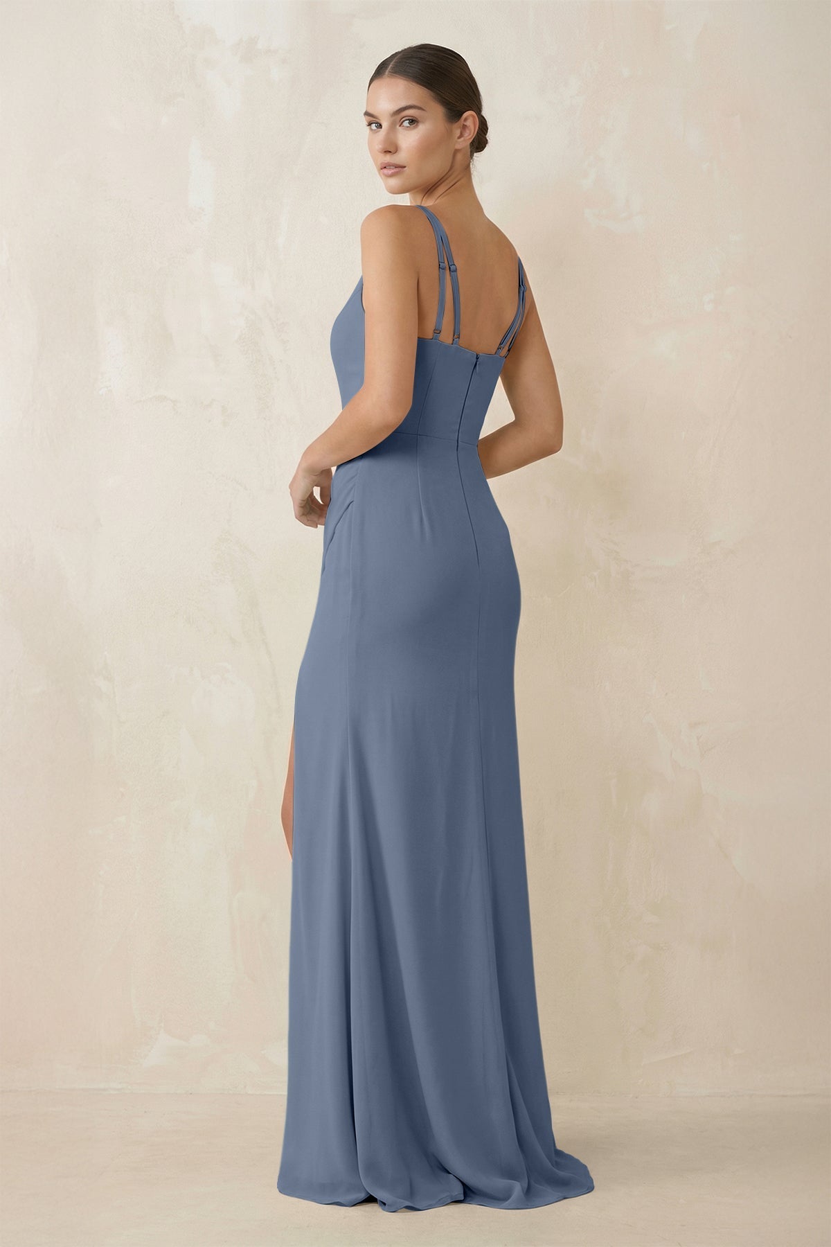 Cami Strap Chiffon Sheath Bridesmaid Gown in Neptune - SHE IS ME Bridesmaid Dresses