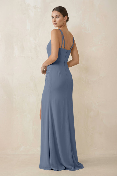 Cami Strap Chiffon Sheath Bridesmaid Gown in Neptune - SHE IS ME Bridesmaid Dresses