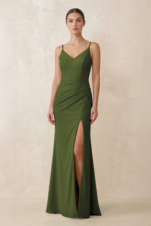 Cami Strap Chiffon Sheath Bridesmaid Gown in Olive - SHE IS ME Bridesmaid Dresses