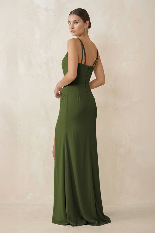 Cami Strap Chiffon Sheath Bridesmaid Gown in Olive - SHE IS ME Bridesmaid Dresses