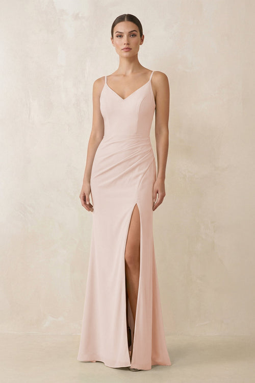 Cami Strap Chiffon Sheath Bridesmaid Gown in Pale Blush - SHE IS ME Bridesmaid Dresses