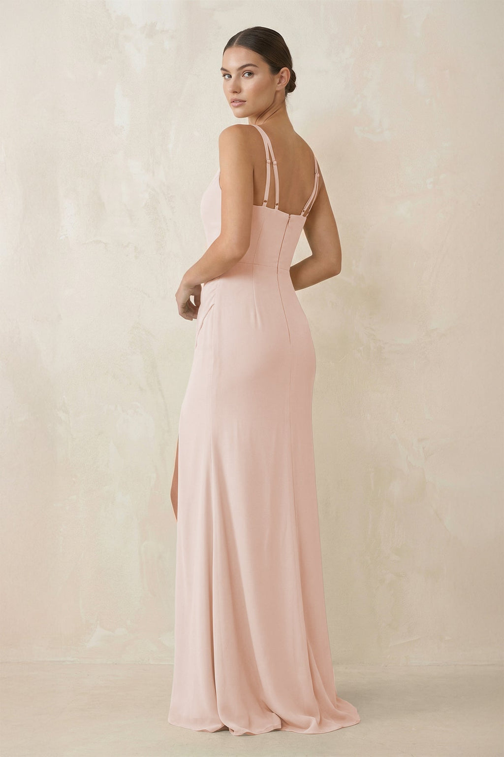 Cami Strap Chiffon Sheath Bridesmaid Gown in Pale Blush - SHE IS ME Bridesmaid Dresses