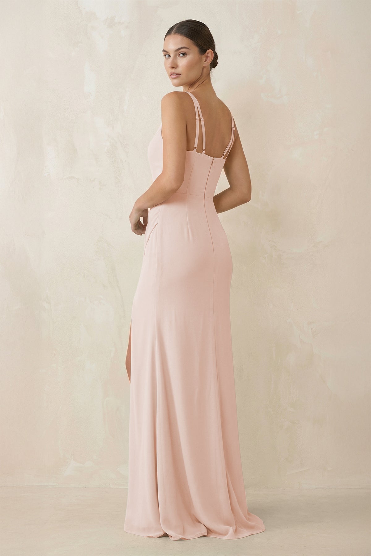 Cami Strap Chiffon Sheath Bridesmaid Gown in Pale Blush - SHE IS ME Bridesmaid Dresses