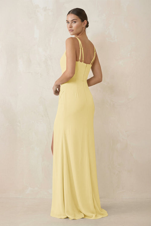 Cami Strap Chiffon Sheath Bridesmaid Gown in Pastel Yellow - SHE IS ME Bridesmaid Dresses