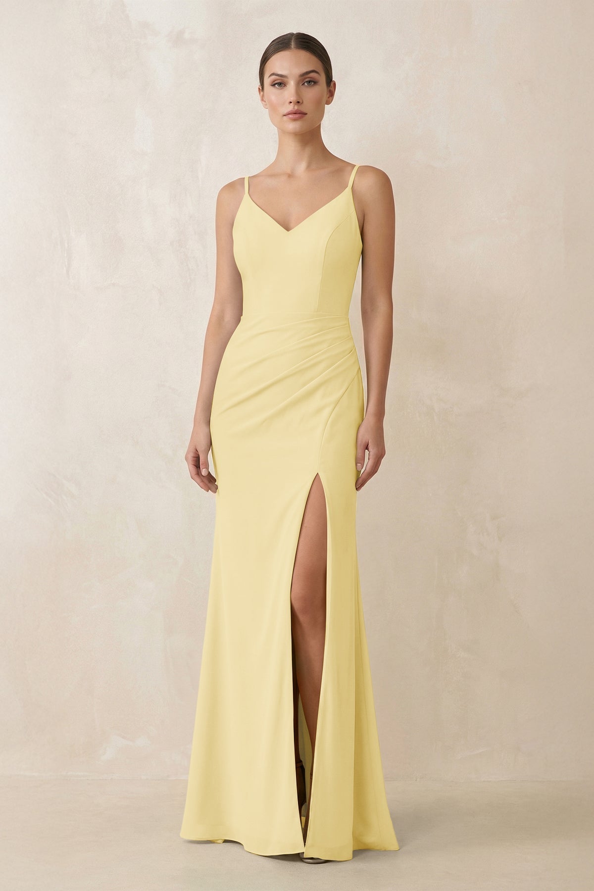 Cami Strap Chiffon Sheath Bridesmaid Gown in Pastel Yellow - SHE IS ME Bridesmaid Dresses