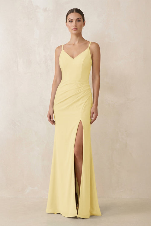 Cami Strap Chiffon Sheath Bridesmaid Gown in Pastel Yellow - SHE IS ME Bridesmaid Dresses