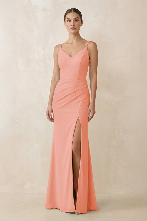 Cami Strap Chiffon Sheath Bridesmaid Gown in Rosette - SHE IS ME Bridesmaid Dresses