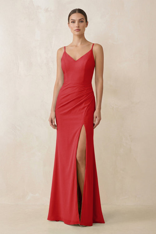 Cami Strap Chiffon Sheath Bridesmaid Gown in Ruby Red - SHE IS ME Bridesmaid Dresses