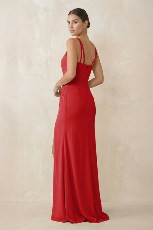 Cami Strap Chiffon Sheath Bridesmaid Gown in Ruby Red - SHE IS ME Bridesmaid Dresses