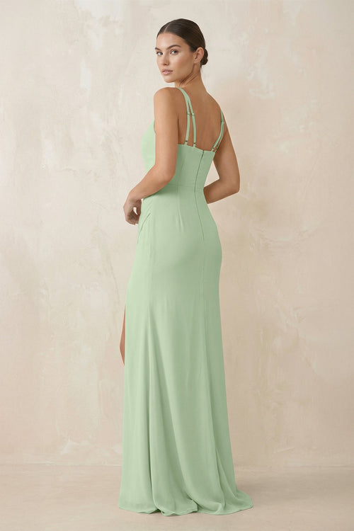 Cami Strap Chiffon Sheath Bridesmaid Gown in Sage - SHE IS ME Bridesmaid Dresses