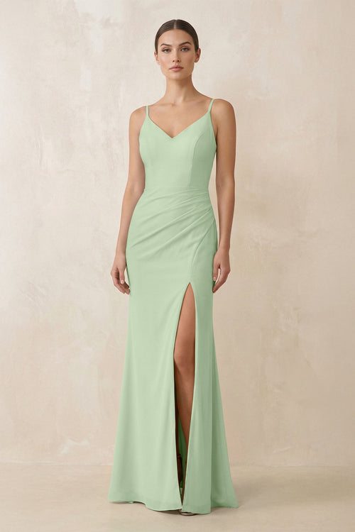 Cami Strap Chiffon Sheath Bridesmaid Gown in Sage - SHE IS ME Bridesmaid Dresses