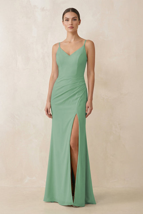 Cami Strap Chiffon Sheath Bridesmaid Gown in Sea Glass - SHE IS ME Bridesmaid Dresses